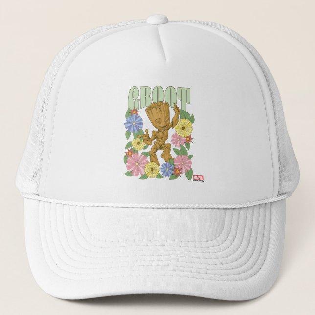 Retro Floral Dancing Kid Groot Graphic Trucker Hat (Front)