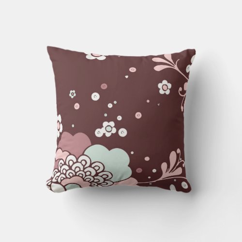 Retro Floral Design Brown Blue And Pink Accents Throw Pillow