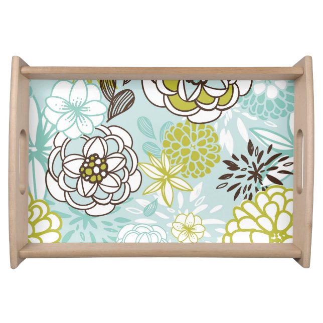 Retro Floral Design in Green & Blue Serving Tray (Front)