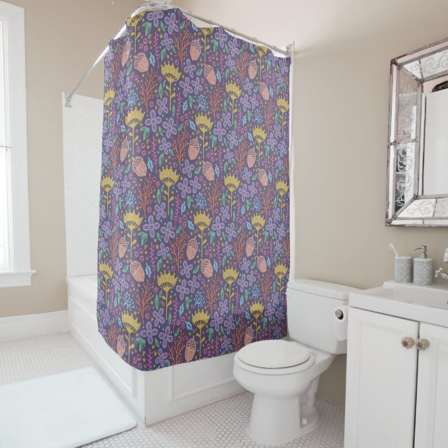 Retro floral design with flowers and fruits. shower curtain (In Situ)