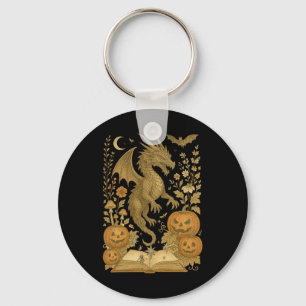Retro Floral Dragon Book Pumpkin Spooky Reading Ha Keychain