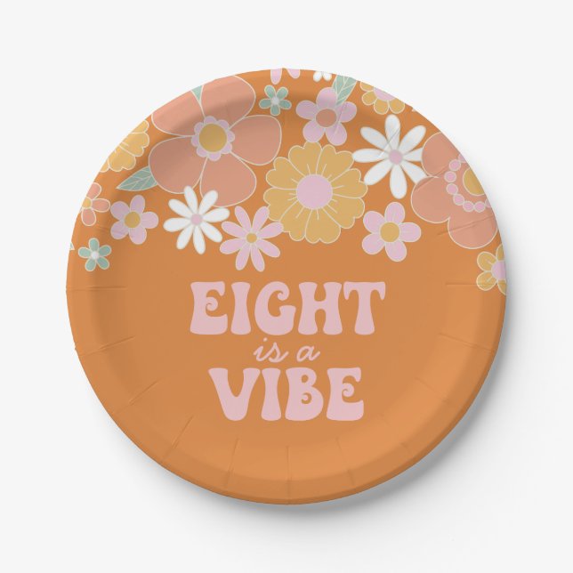 Retro Floral Eight is a Vibe 8th birthday Paper Plates (Front)