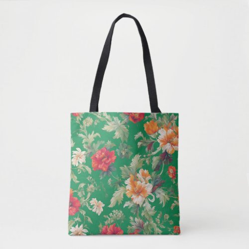 Retro Floral Elegant Patterned Flowers Green Tote Bag