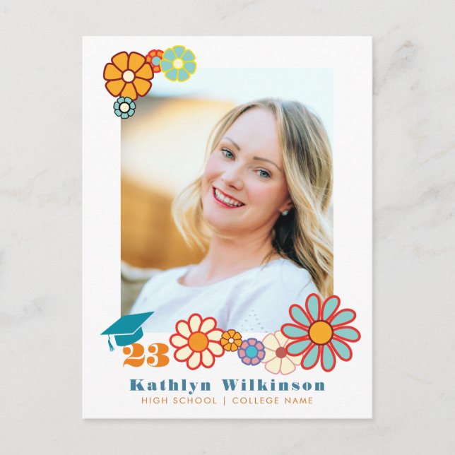 Retro Floral Elegant Script Chic Photo Graduation Announcement Postcard (Front)