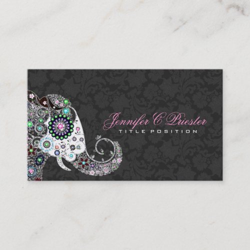 Retro Floral Elephant  Black Damasks Business Card