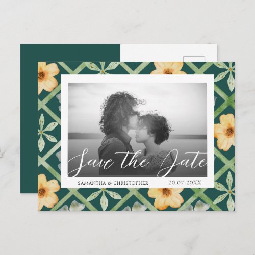 Retro Floral Emerald Photo Save the Date Wedding Postcard