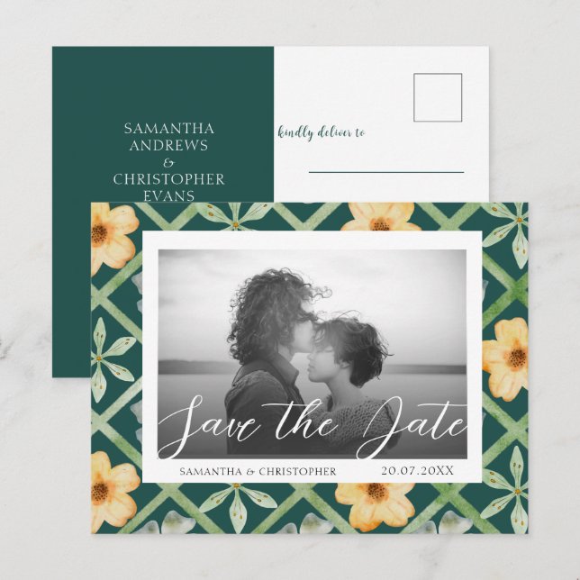 Retro Floral Emerald Photo Save the Date Wedding Postcard (Front/Back)