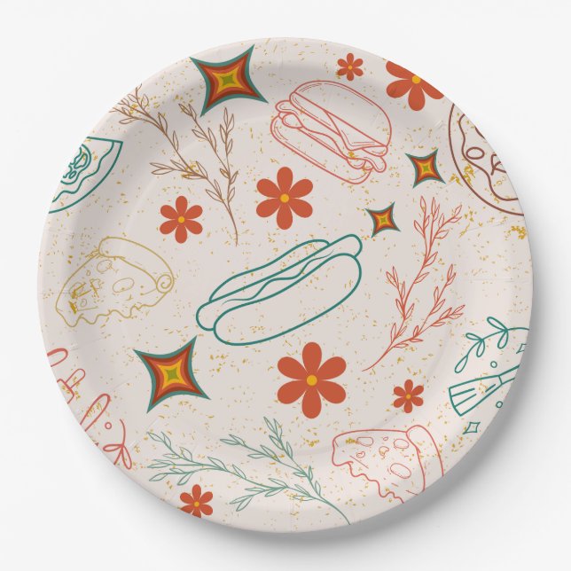 Retro Floral Fast Food Pattern Paper Plates