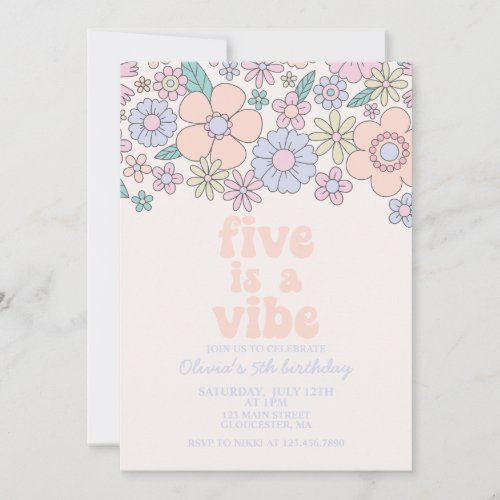 Retro Floral Five is a Vibe 5th birthday Invitation