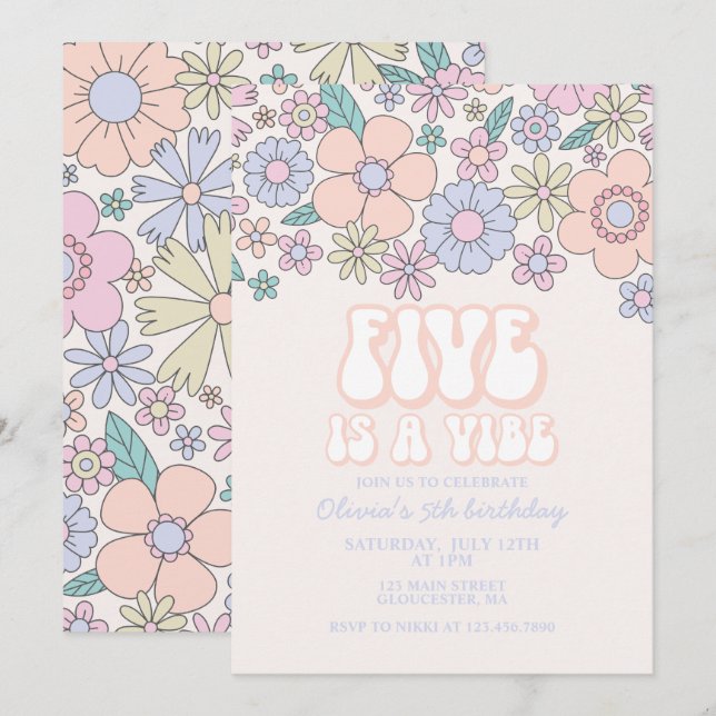 Retro Floral Five is a Vibe 5th birthday Invitation (Front/Back)