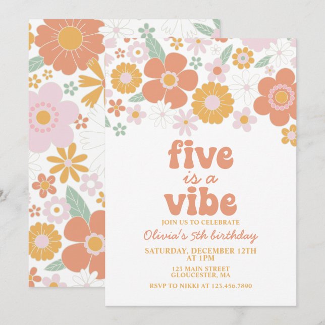 Retro Floral Five is a Vibe 5th birthday Invitation (Front/Back)