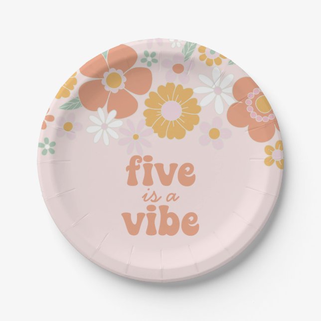 Retro Floral Five is a Vibe 5th birthday Paper Plates (Front)