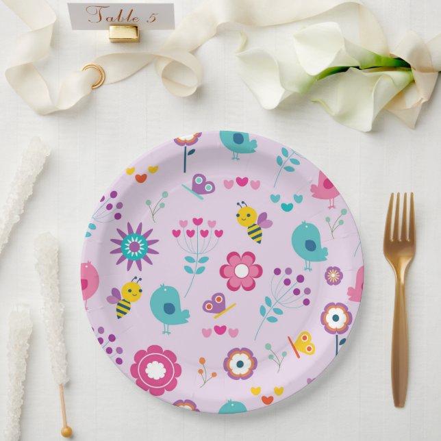 Retro Floral Flower Bird  Animal Paper Plate (Wedding)