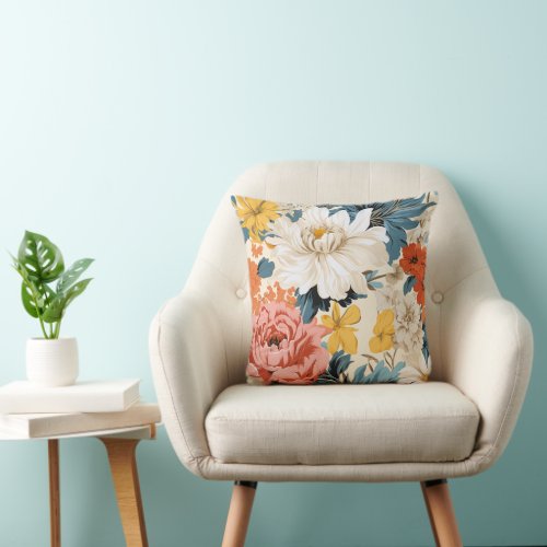 Retro Floral Flower Wallpaper Inspired Pattern Throw Pillow