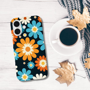 Retro Floral Flowers Blue Orange White Groovy iPhone 16 Case