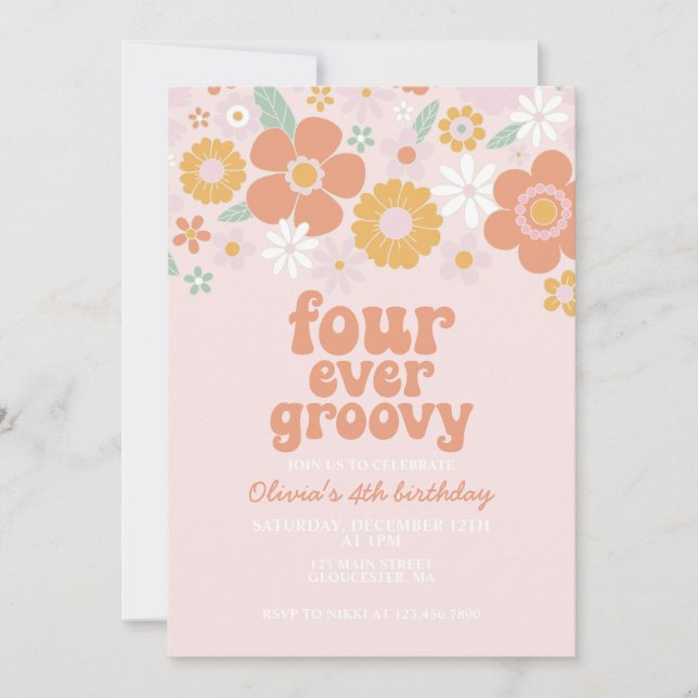 Retro Floral Four Ever Groovy 4th birthday Invitation (Front)