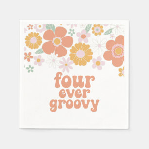 Retro Floral Four ever groovy  4th birthday Napkins