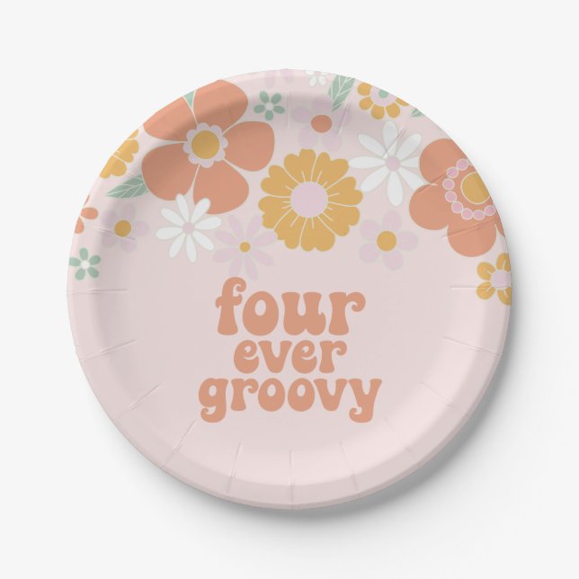 Retro Floral Four ever groovy  4th birthday Paper Plates (Front)