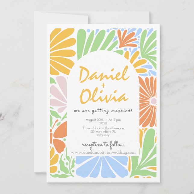 Retro Floral Frame Colorful Wedding Invitation (Front)