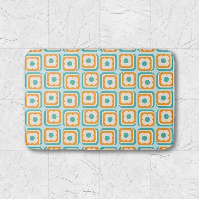 Retro Floral Geometric Pattern Aqua Orange Teal Bath Mat (Creator Uploaded)