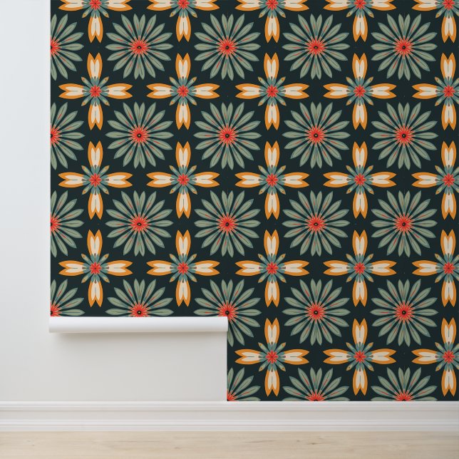 Retro Floral Geometric Pattern in Earth Tones Wallpaper (Application)