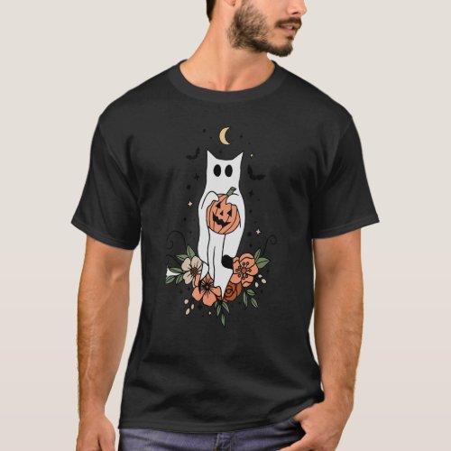 Retro Floral Ghost Pumpkin Cute Halloween Night Pa T_Shirt