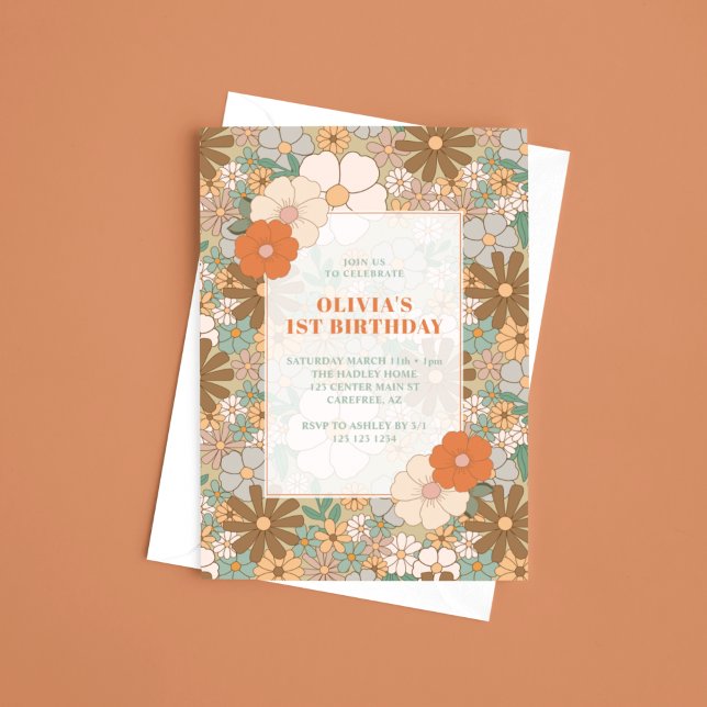 Retro Floral Girls 1st Birthday Invitation (Creator Uploaded)