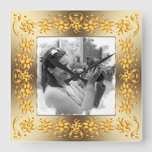 retro floral golden frame. your photo. square wall clock (Front)