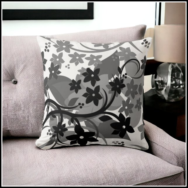 [Retro Floral] Gray Grey Botanical Graphic Design Throw Pillow (Choose from 8 Different Color Variations)