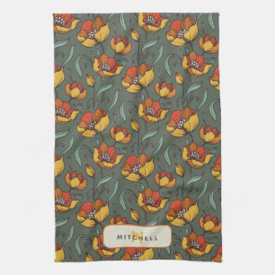 Retro Floral Green Gold Orange Personalized Kitchen Towel