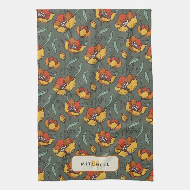 Retro Floral Green Gold Orange Personalized  Kitchen Towel (Vertical)