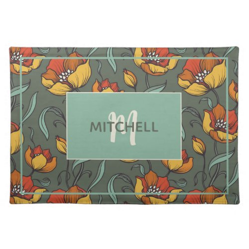 Retro Floral Green Orange Gold Personalized  Cloth Placemat