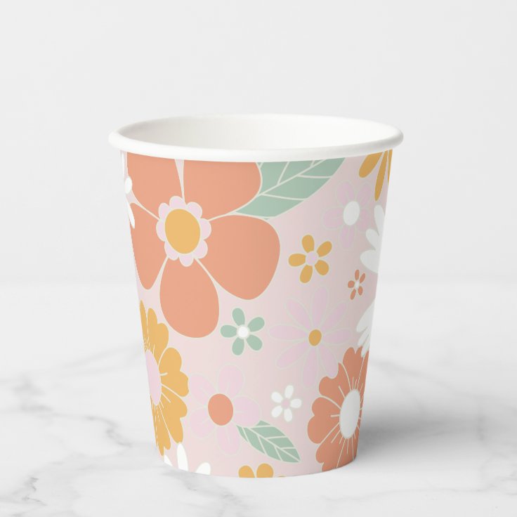 Retro Floral groovy Birthday Paper Cups | Zazzle