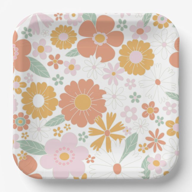 Retro Floral groovy birthday Paper Plates (Front)