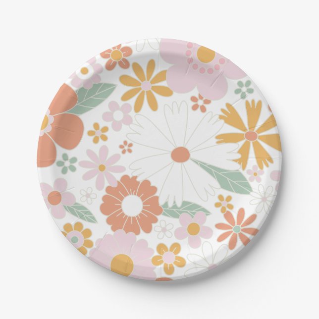 Retro Floral groovy Birthday Paper Plates (Front)