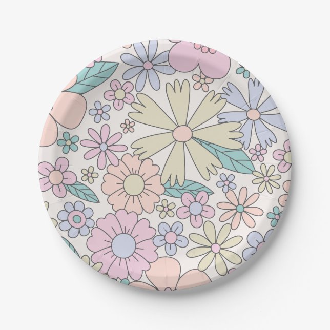 Retro Floral groovy Birthday Paper Plates (Front)