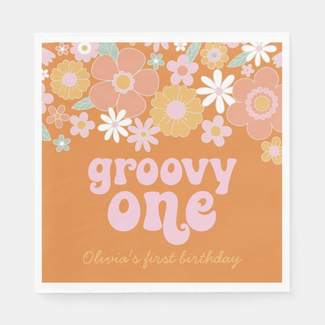 Retro Floral Groovy One birthday Napkins (Front)