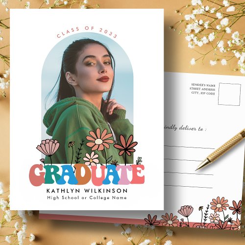 Retro Floral Groovy Script Arch Photo Graduation Invitation Postcard
