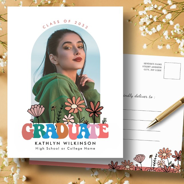 Retro Floral Groovy Script Arch Photo Graduation Invitation Postcard (Creator Uploaded)
