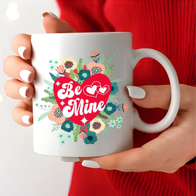 Retro Floral Heart Be Mine Red Valentine's Day Giant Coffee Mug (Creator Uploaded)