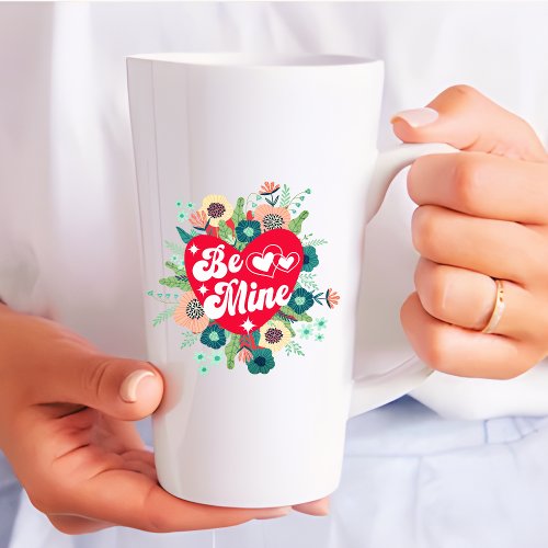 Retro Floral Heart Be Mine Red Valentines Day Latte Mug