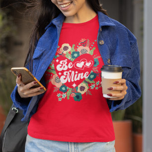 Retro Floral Heart Be Mine Red Valentine's Day T-Shirt