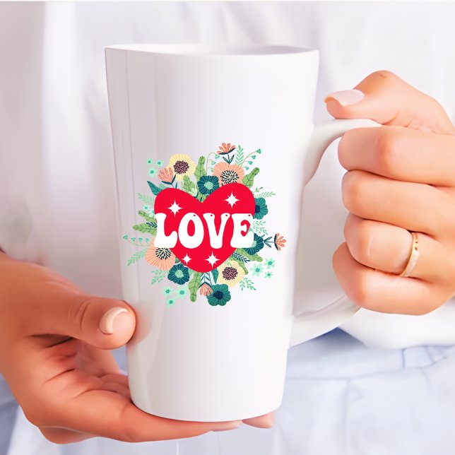 Retro Floral Heart Love Red Valentine's Day  Latte Mug (Creator Uploaded)