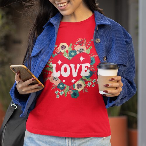 Retro Floral Heart Love Red Valentines Day T_Shirt