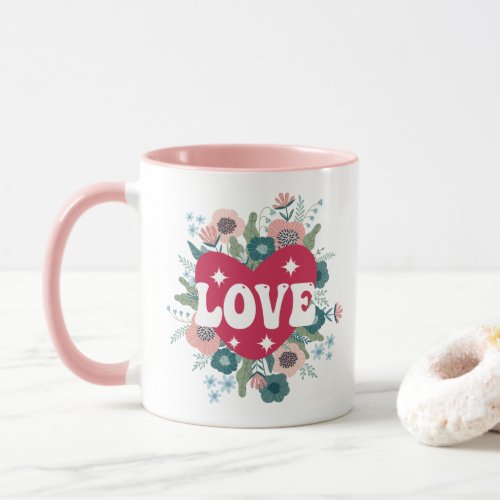 Retro Floral Heart Love Valentines Day Coffee Mug