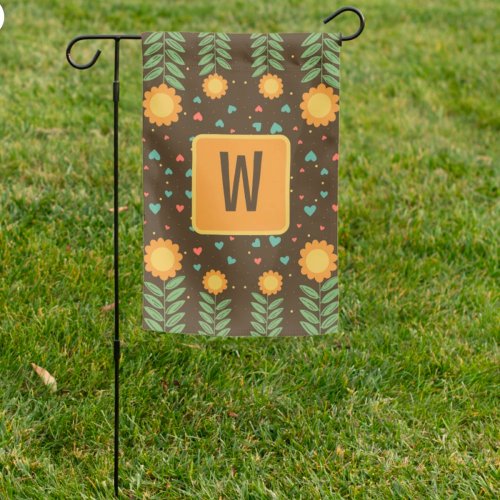 Retro Floral Hearts Custom Initial Modern Garden Flag