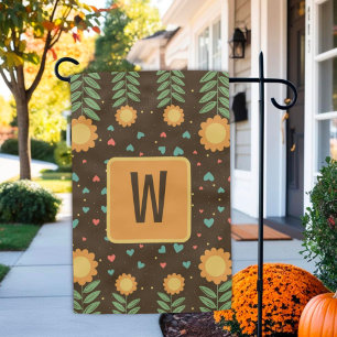 Retro Floral Hearts Custom Initial Modern Garden Flag