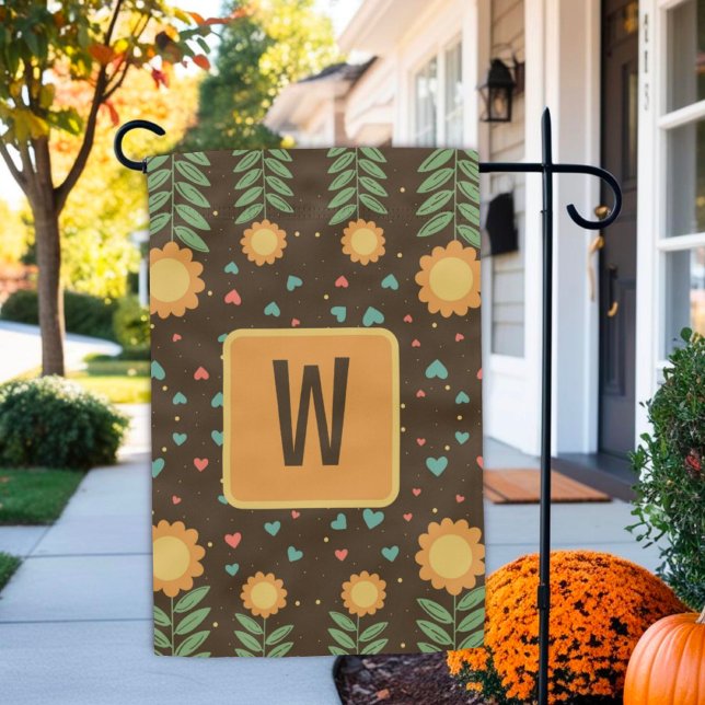 Retro Floral Hearts Custom Initial Modern Garden Flag (Creator Uploaded)