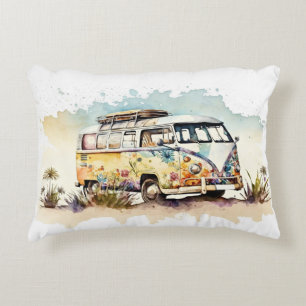 Retro Floral Hippie Bus Accent Pillow