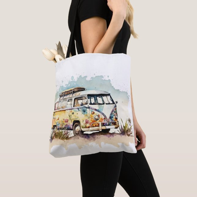 Retro Floral Hippie Bus Tote Bag (Close Up)